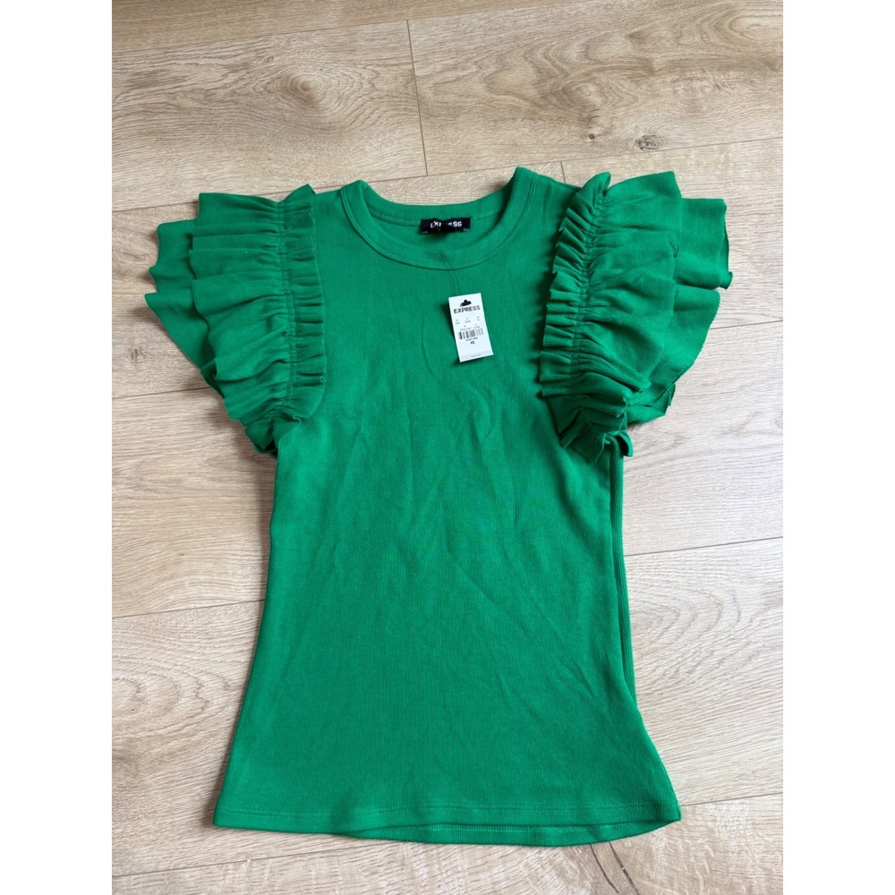 NWT Express ribbed ruffle short sleeve green top stretch size XS $49.95